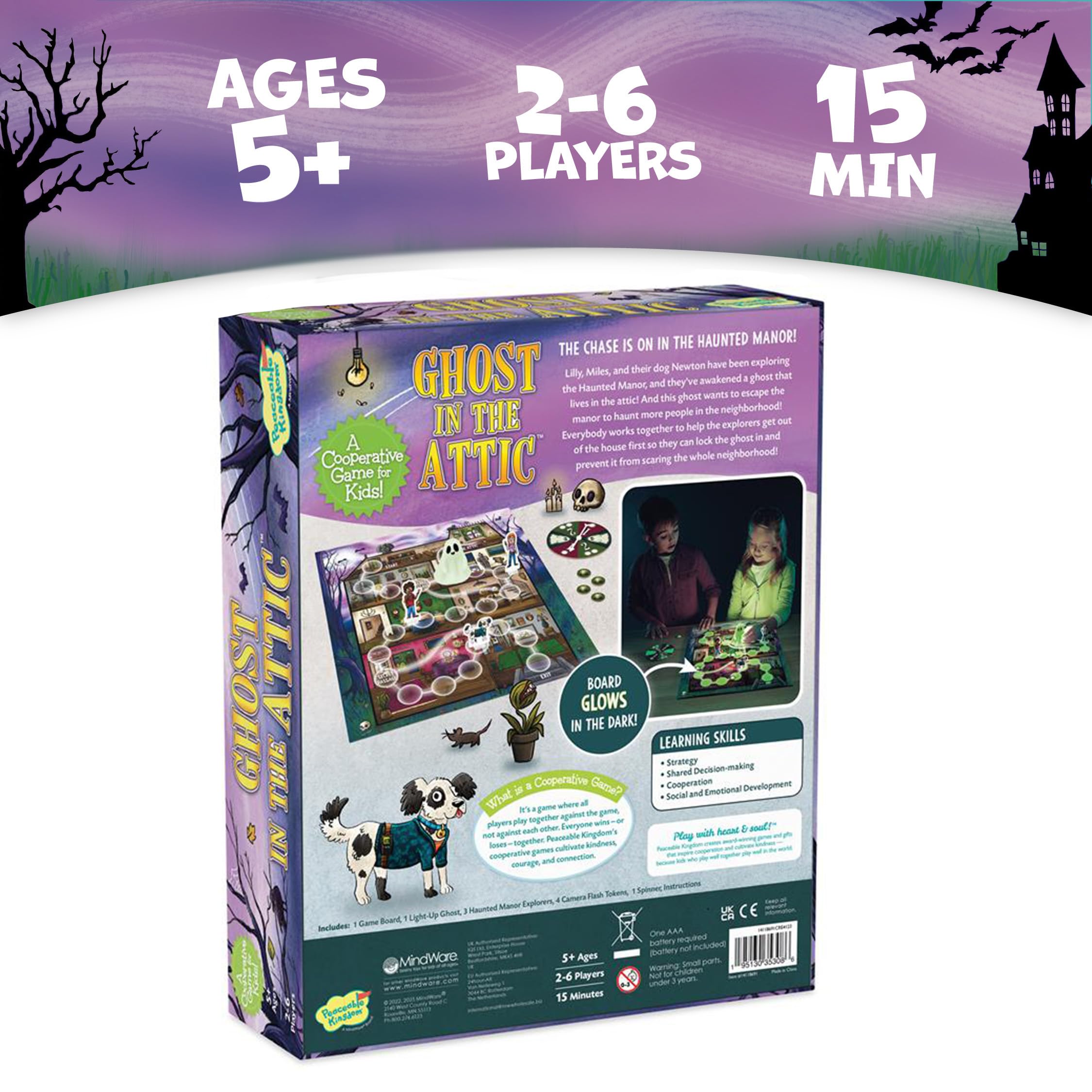 Peaceable Kingdom Ghost in Attic ghost-mover glows to boost nighttime excitement.