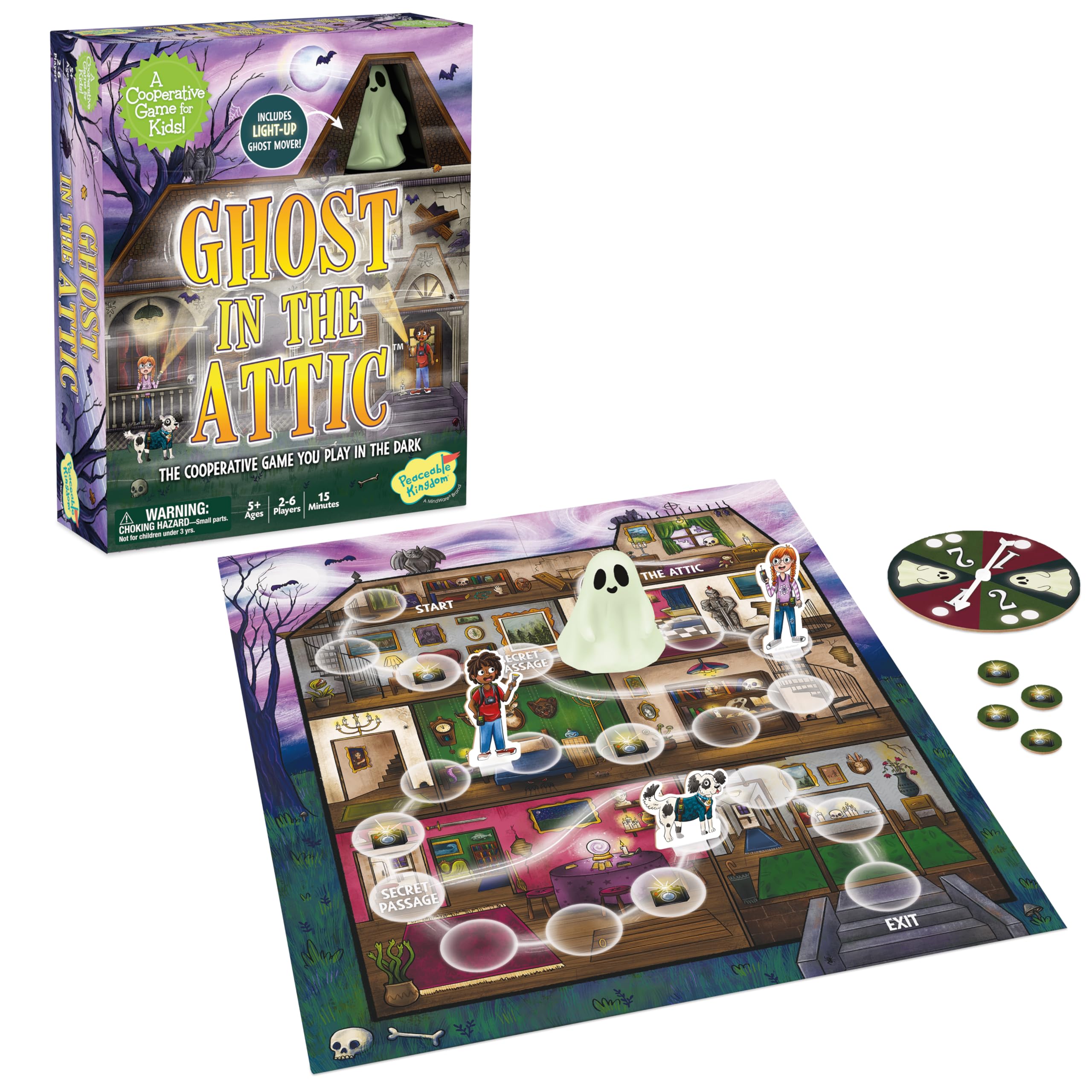 Peaceable Kingdom Ghost in Attic glow-board displays the glowing game board for after-dark play.
