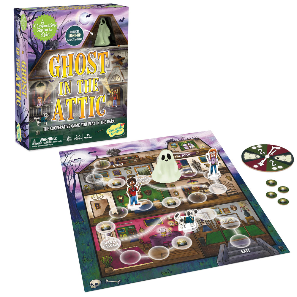 Peaceable Kingdom Ghost in Attic glow-board displays the glowing game board for after-dark play.