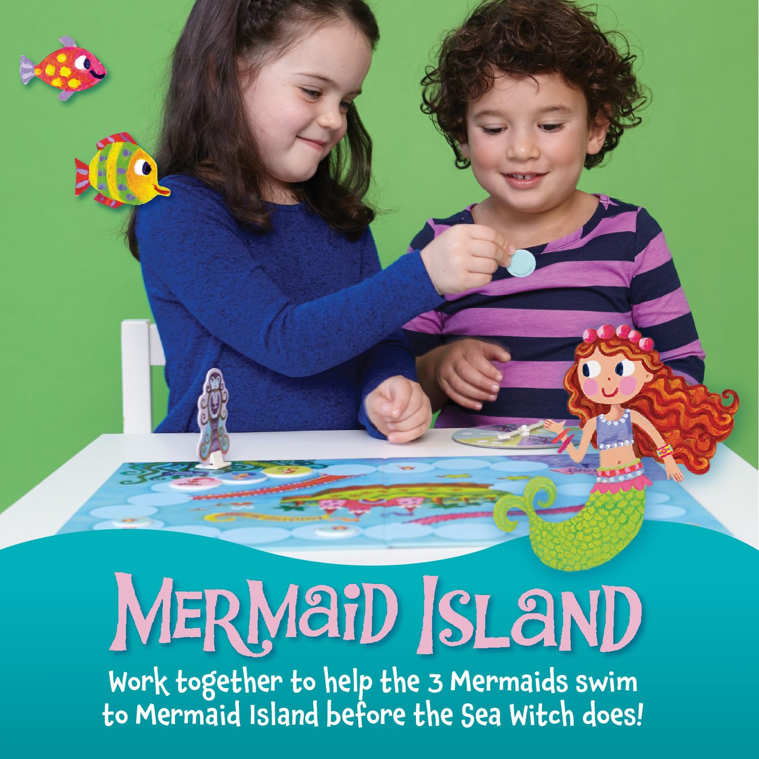 Peaceable Kingdom Mermaid tokens in bright colors support teamwork.