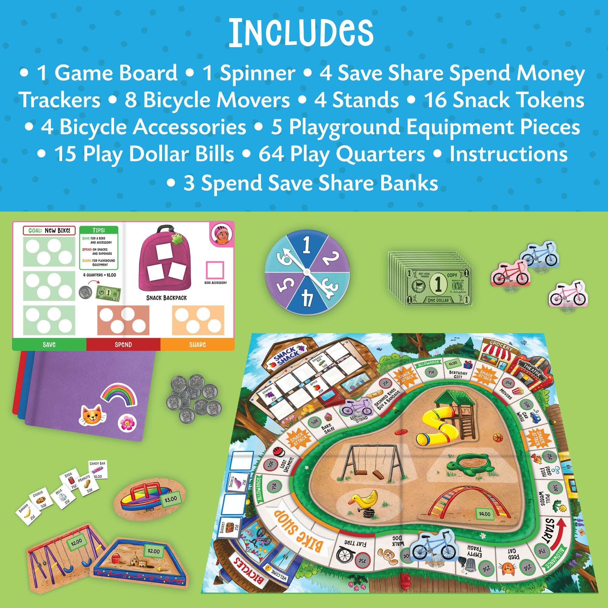 Peaceable Kingdom Money Bunch bicycle accessories illustrate coins and rewards.