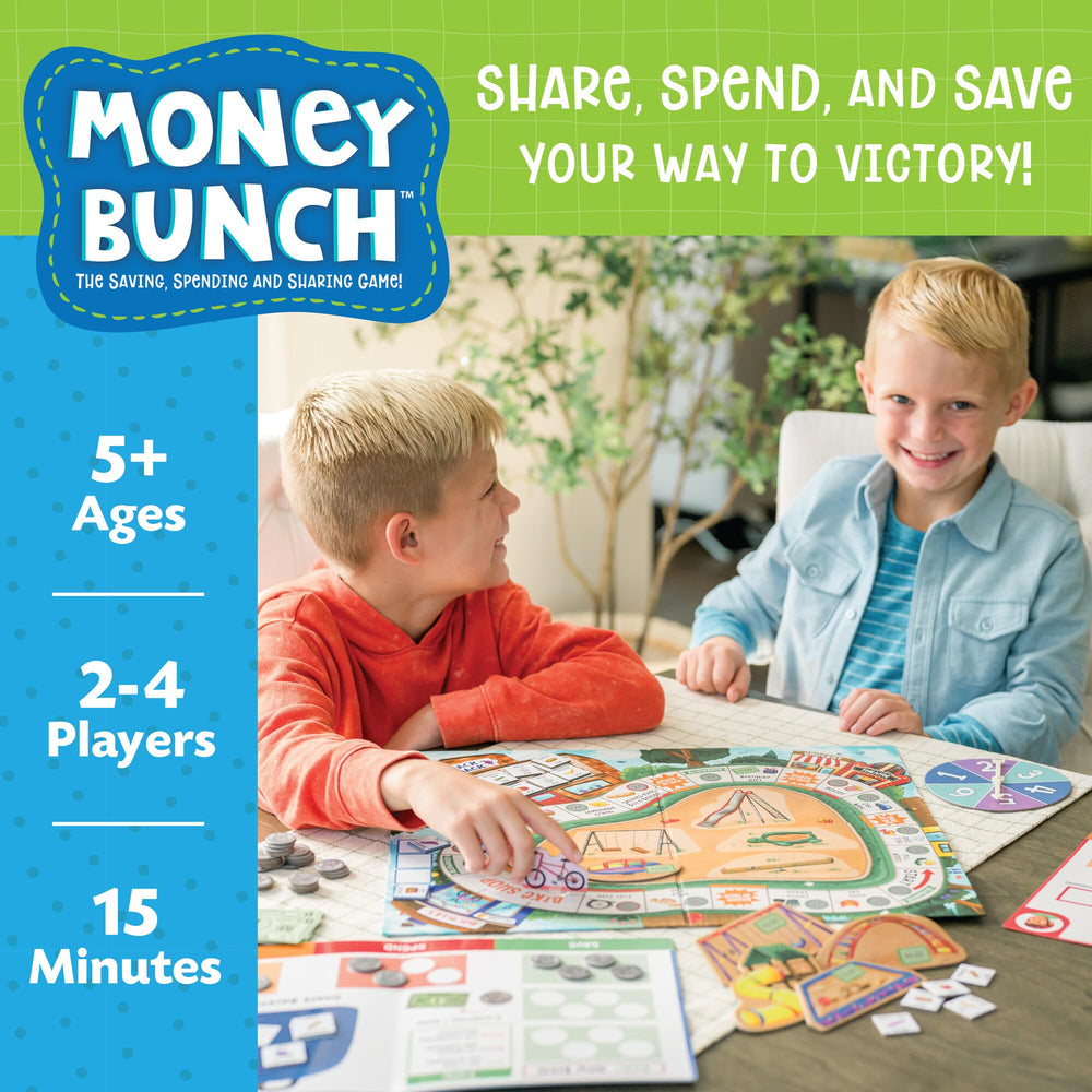 Peaceable Kingdom Money Bunch spinner introduces decision points for kids' money choices.