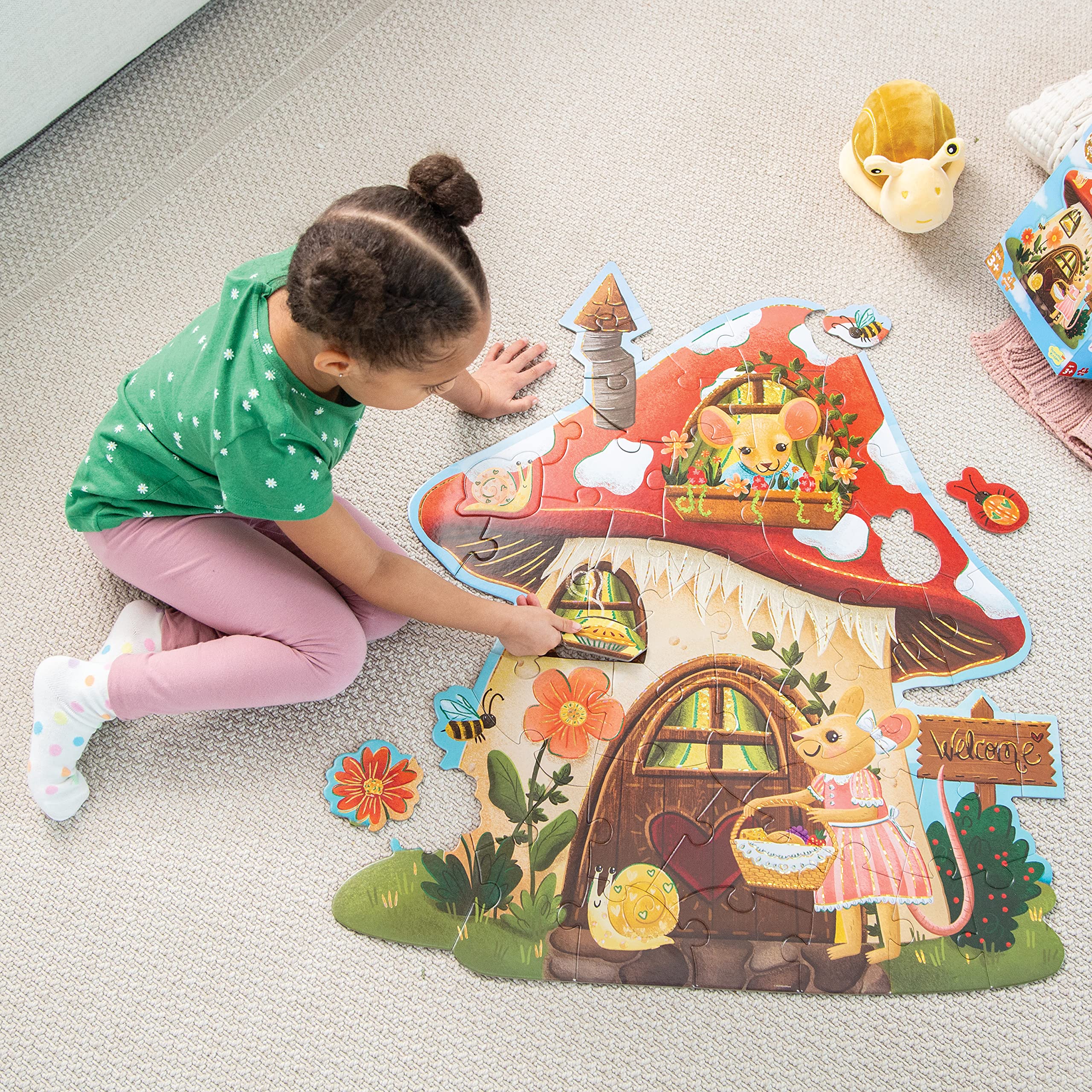 Peaceable Kingdom Mushroom House puzzle highlighting snail motif for fine-motor practice