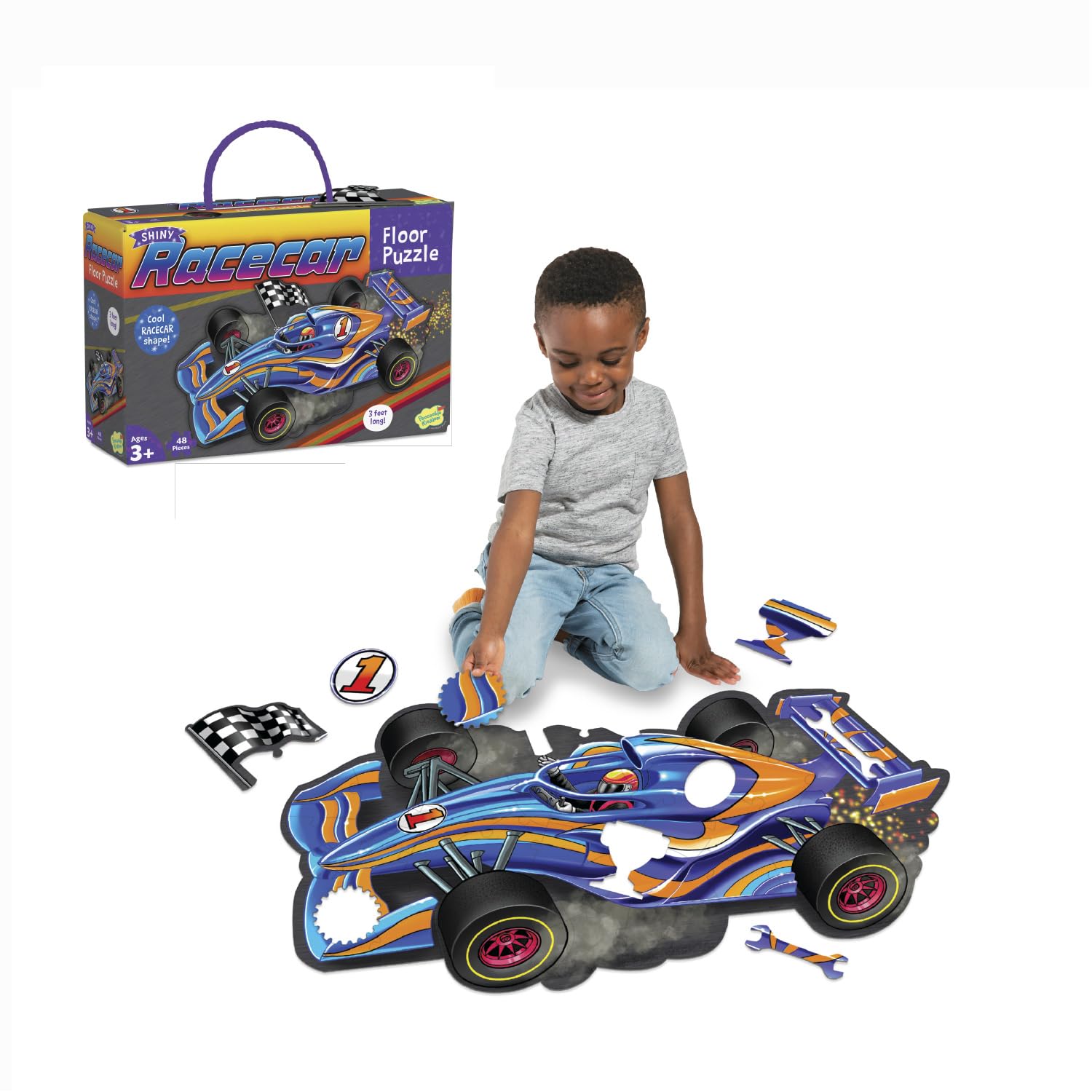 Peaceable Kingdom Racecar floor puzzle with foil accents promotes visual recognition and cooperative play.