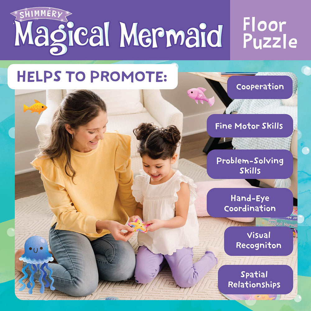 Peaceable Kingdom Shimmery Magical Mermaid Floor Puzzle classroom-friendly for group activities.