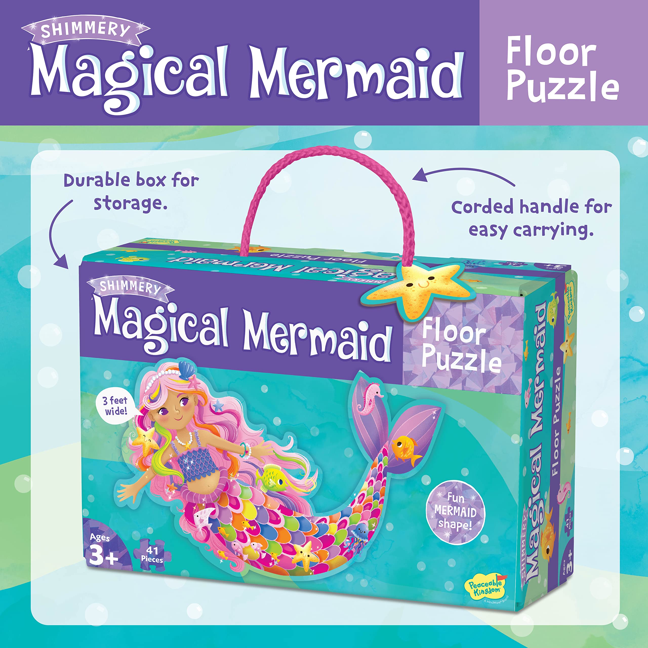 Peaceable Kingdom Shimmery Magical Mermaid Floor Puzzle large size enables shared play.
