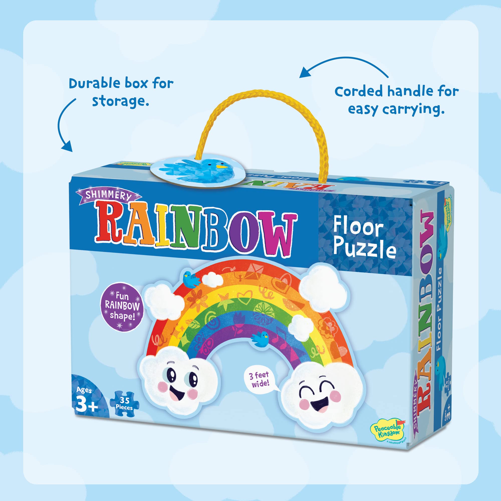 Peaceable Kingdom Shimmery Rainbow Floor Puzzle carrying case enables easy transport