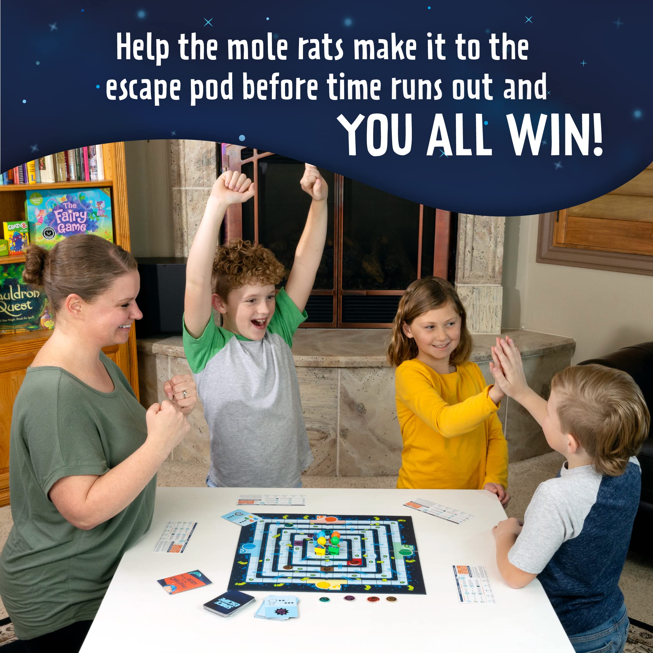 Peaceable Kingdom Space Escape Mole Rat movers guiding players around the board.