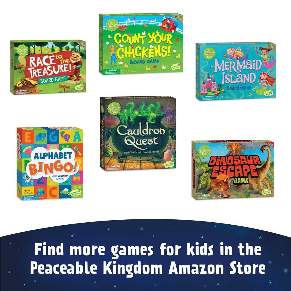 Peaceable Kingdom Space Escape play area showing players collaborating around the board.