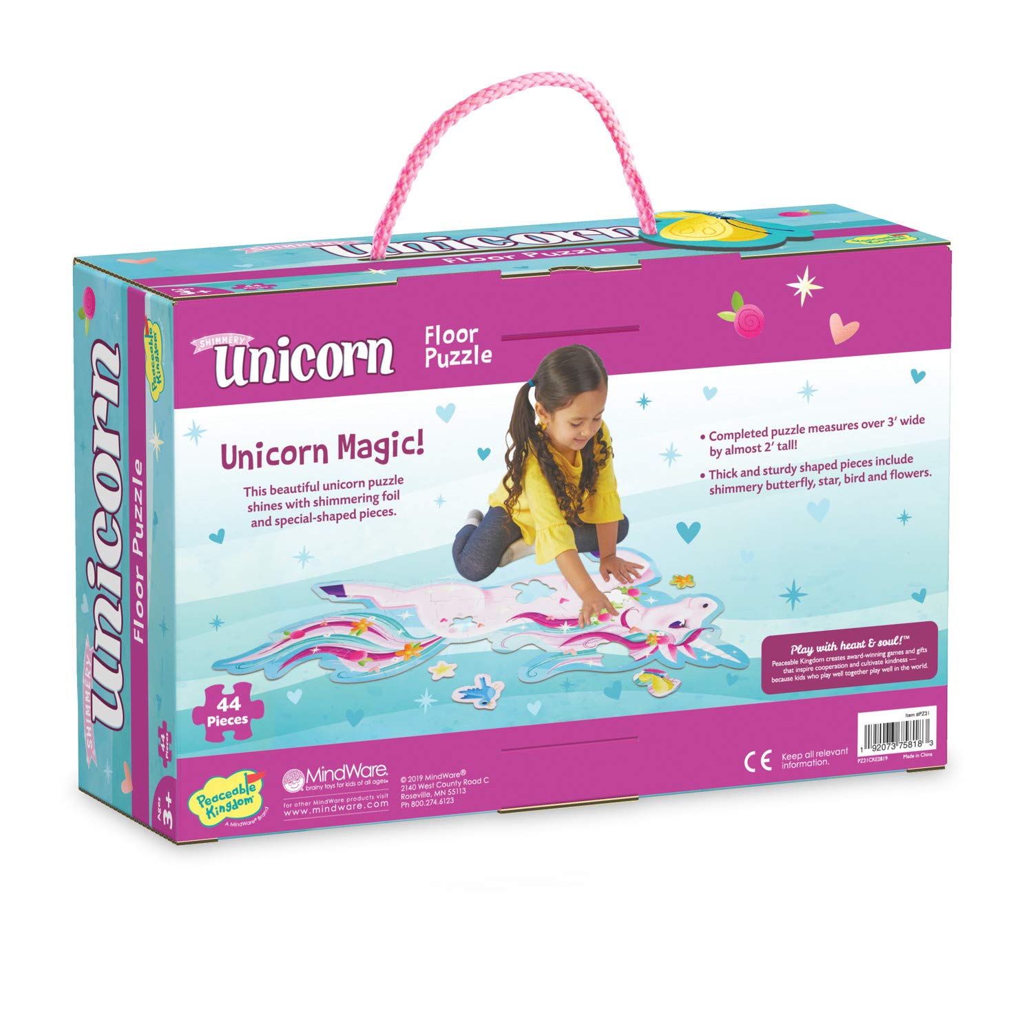 Peaceable Kingdom unicorn puzzle box view showing packaging and handle.