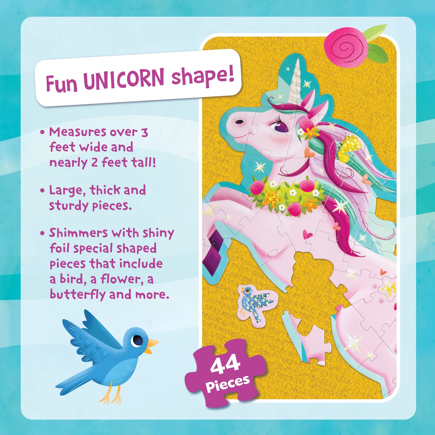 Peaceable Kingdom unicorn puzzle with butterfly-shaped piece for design variety.