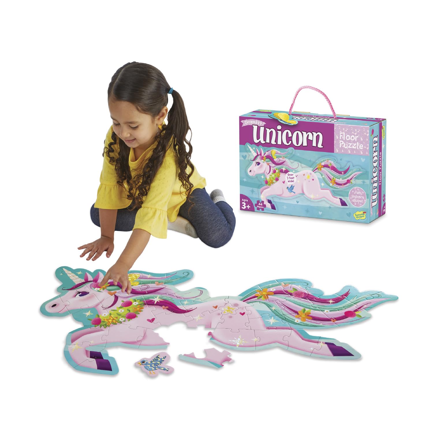 Peaceable Kingdom unicorn floor puzzle with foil pieces for visual recognition and fine-motor practice.