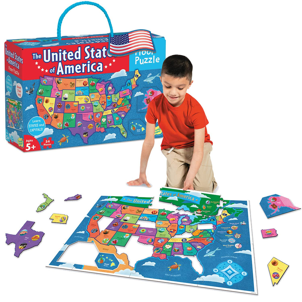Peaceable Kingdom USA floor puzzle pieces highlight colorful states to spark early geography skills.