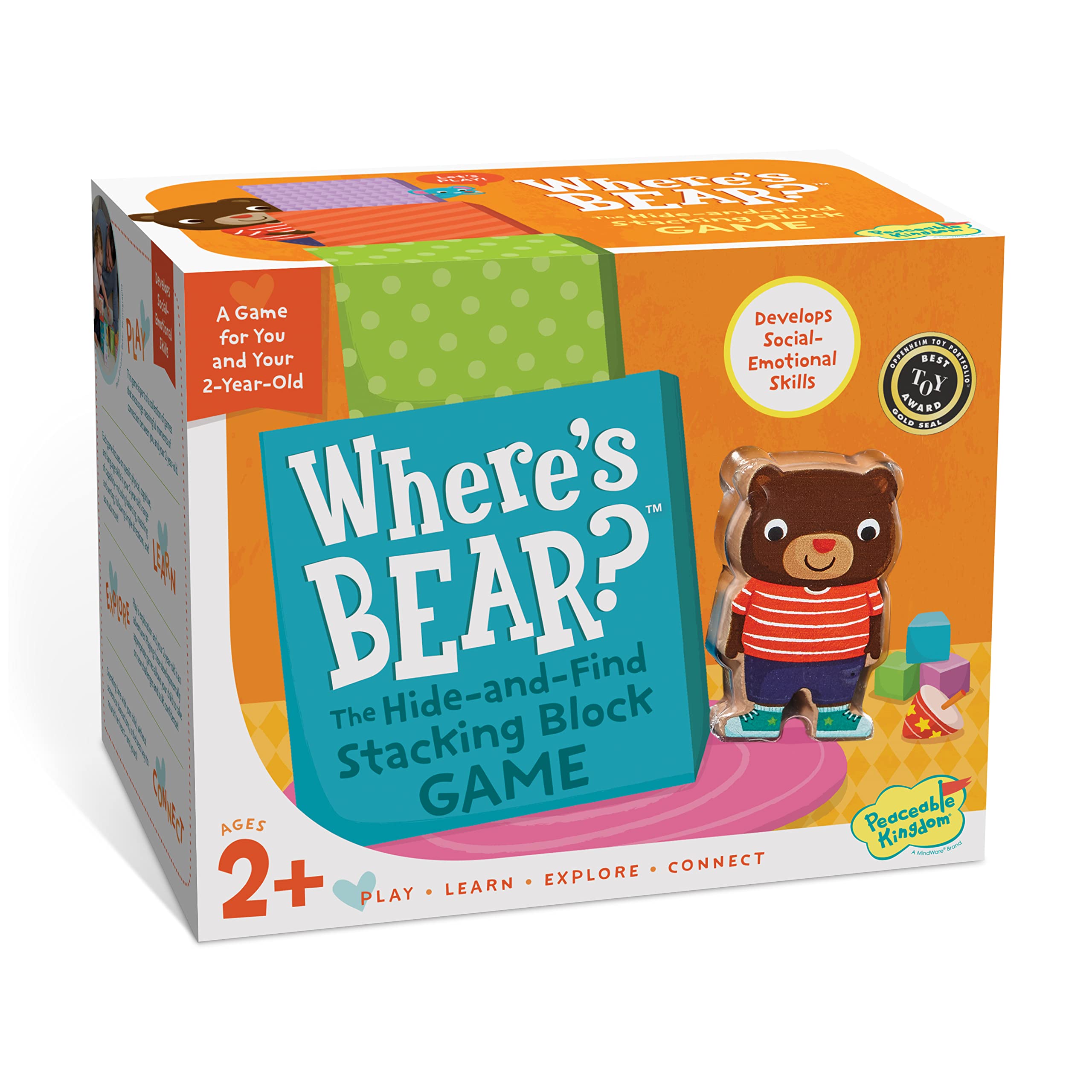 Peaceable Kingdom Where's Bear stack boxes with hidden bear promotes early object awareness.
