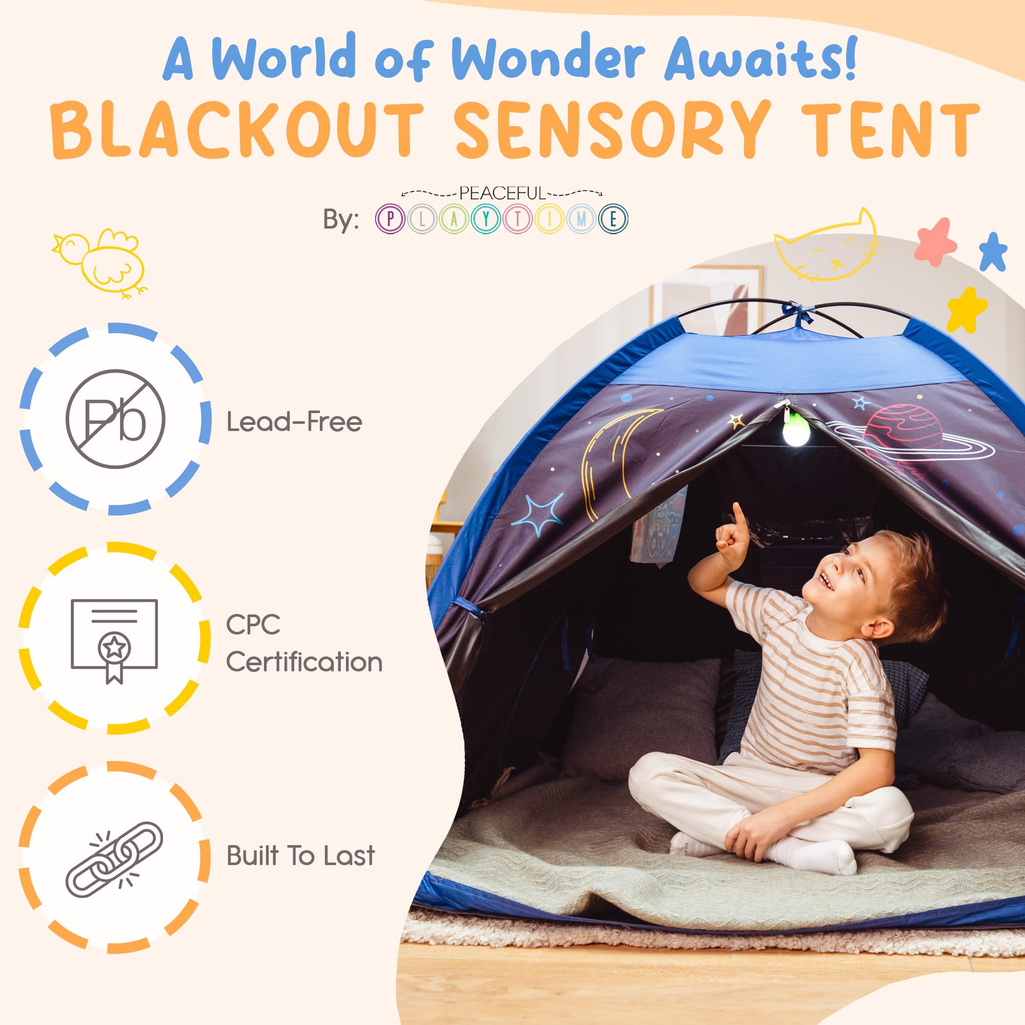 Peaceful Playtime blackout tent assembled room view shows easy setup for caregivers.