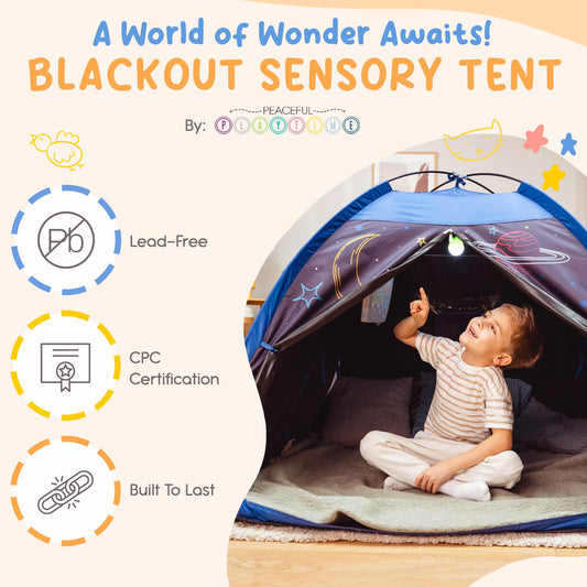 Peaceful Playtime blackout tent assembled room view shows easy setup for caregivers.