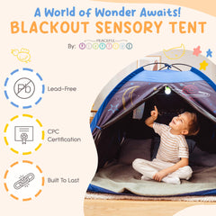Peaceful Playtime blackout tent assembled room view shows easy setup for caregivers.