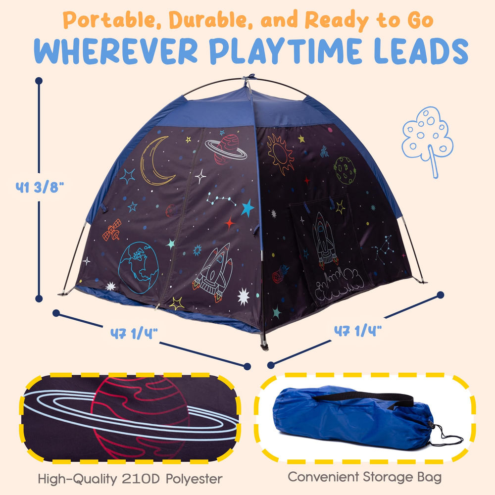 Peaceful Playtime blackout tent clear phone pocket keeps cues in reach.
