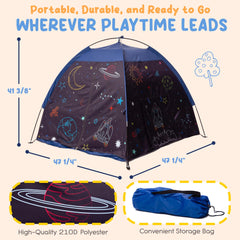 Peaceful Playtime blackout tent clear phone pocket keeps cues in reach.