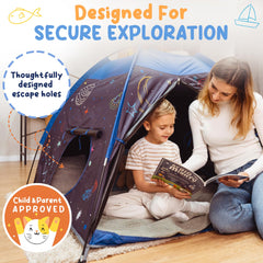 Peaceful Playtime blackout tent one-button light creates gentle ambience.
