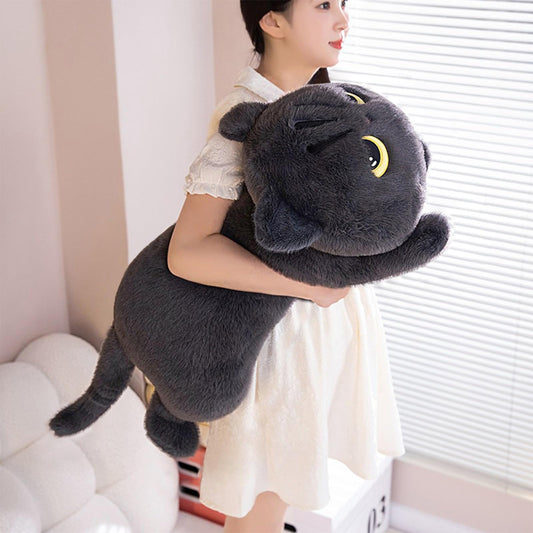 PEACH CAT 27.5-inch long cat plush pillow in grey for comfortable lounging.