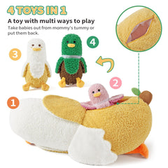 PEACH CAT Banana Duck plush serves as a cozy reading pillow and nap buddy.