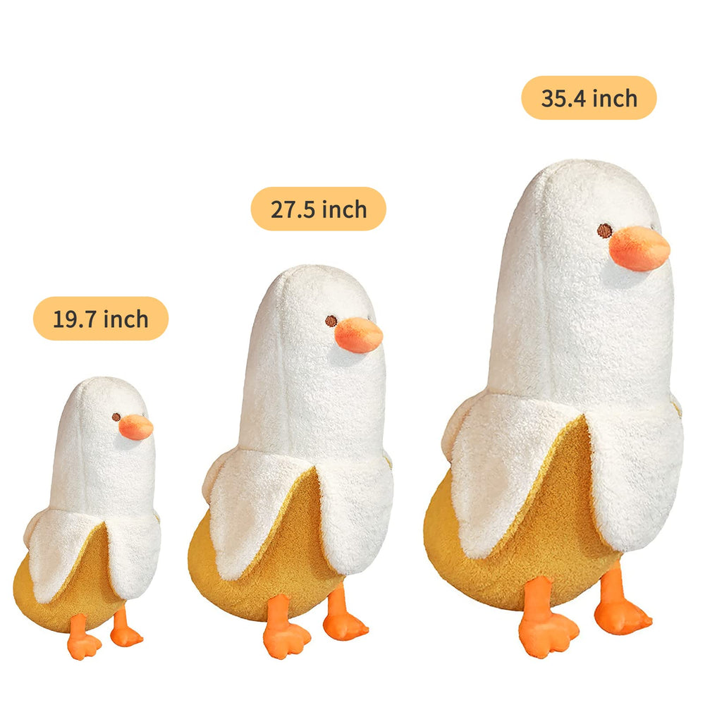 PEACH CAT banana duck plush body shows plush height for comfy hug.