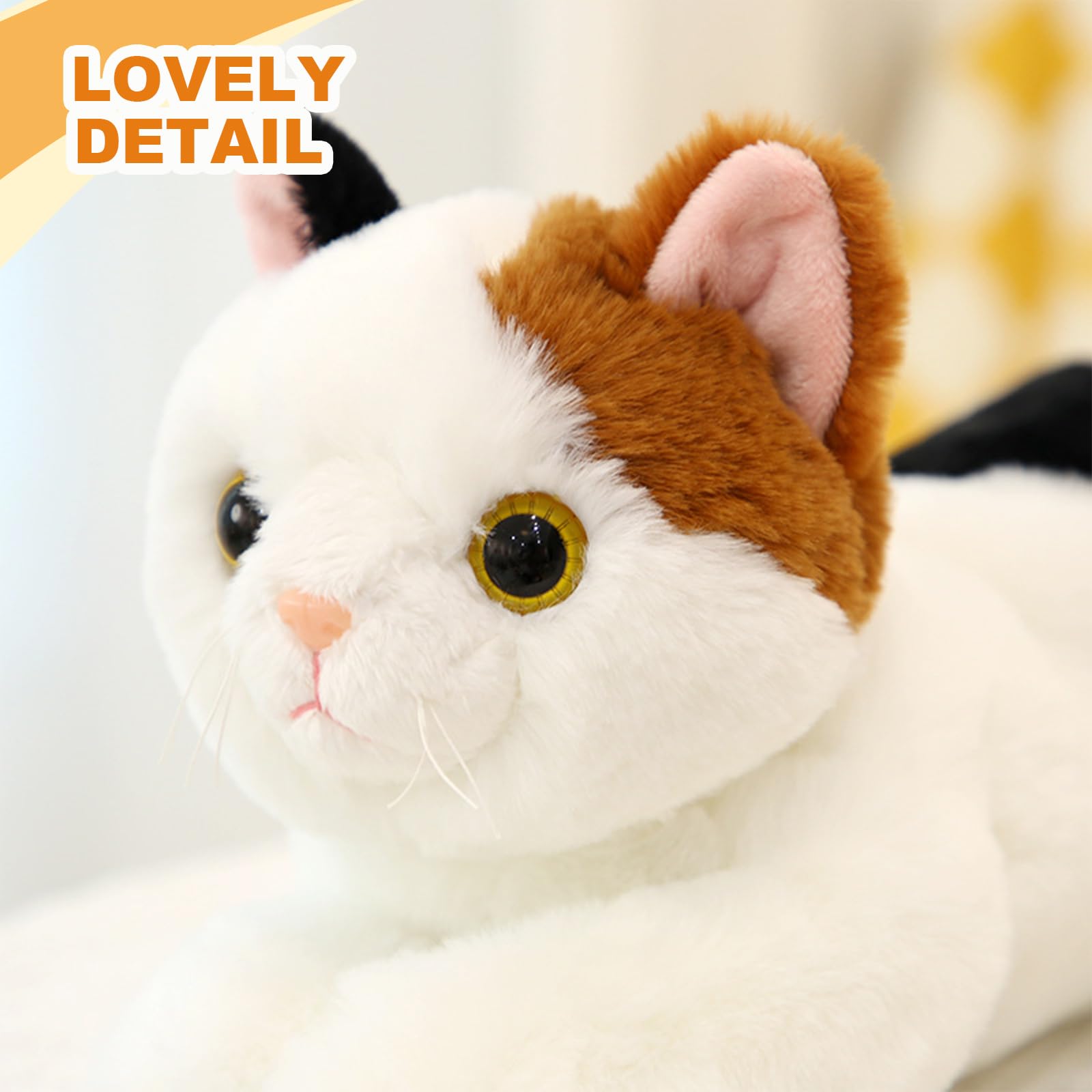PEACH CAT Calico Cat Plush in a cozy reading nook, ideal for kids and adults.