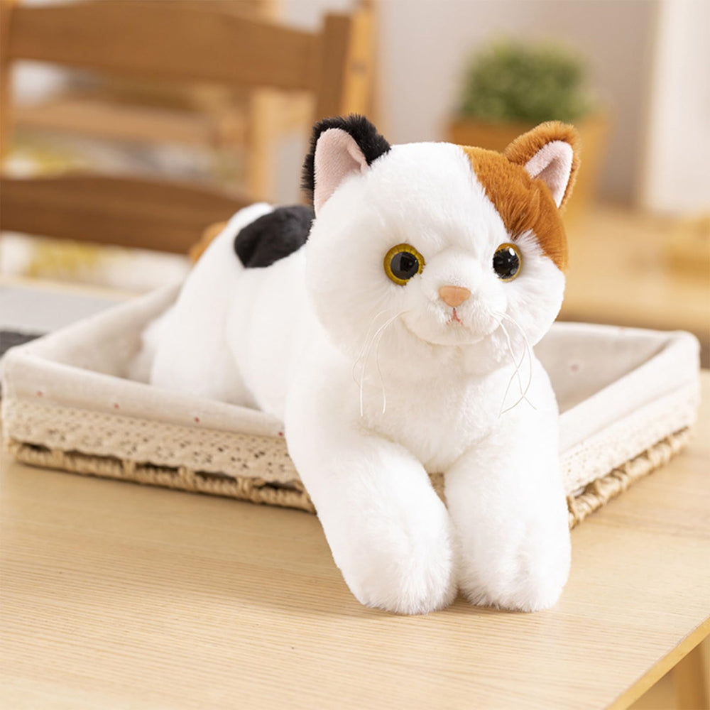 PEACH CAT Calico Cat Plush side view highlights size for comfortable embraces.
