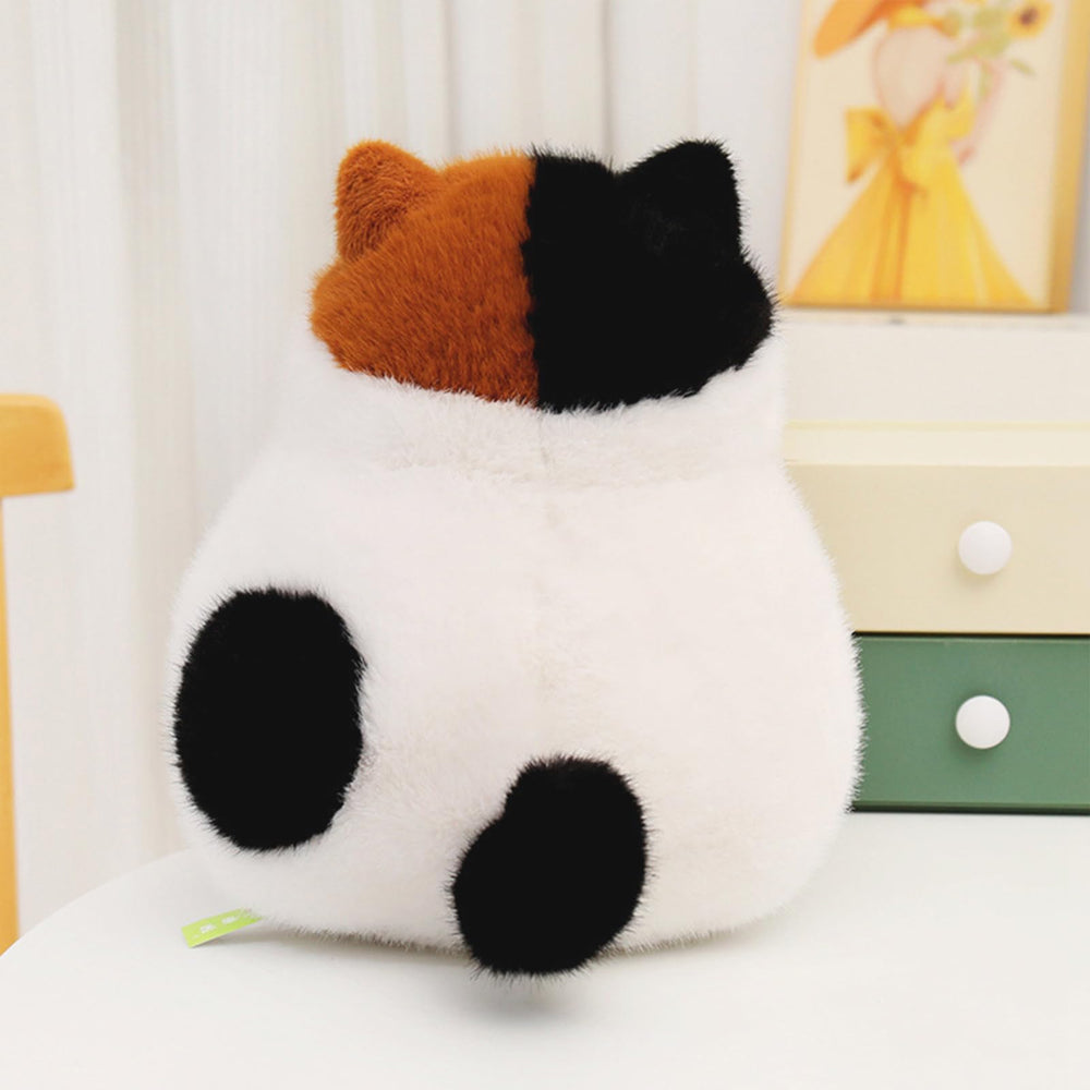 PEACH CAT Fat Calico Cat Plush closeup fabric, plush texture and durability