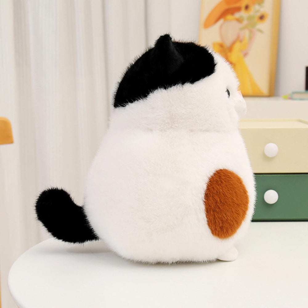 PEACH CAT Fat Calico Cat Plush side view, compact travel companion
