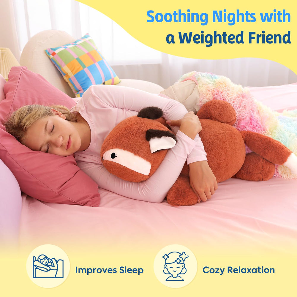 PEACH CAT fox weighted stuffed animal fabric closeup, premium plush texture you can feel.