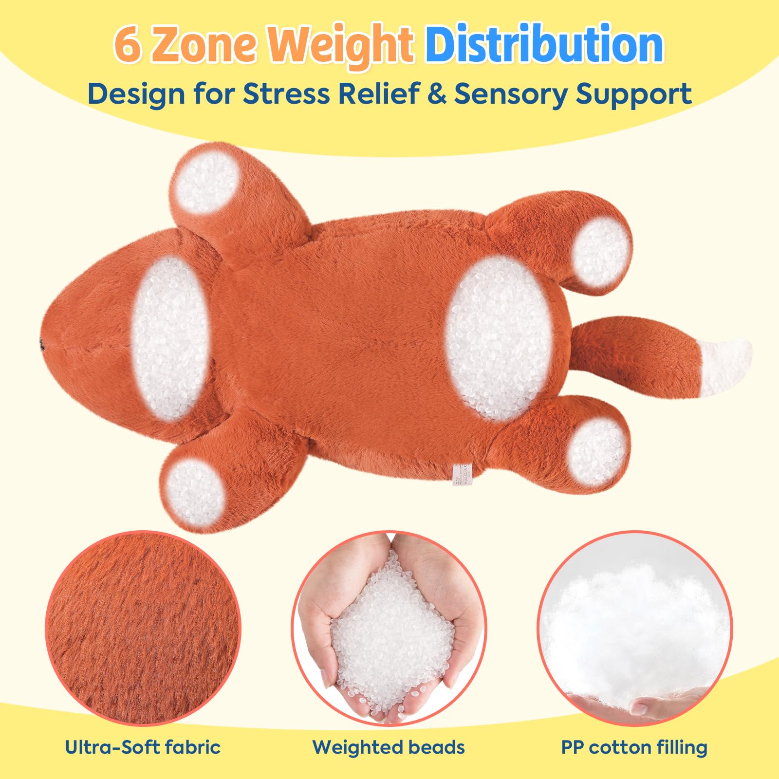 PEACH CAT fox weighted stuffed animal in bed, perfect body pillow for nighttime comfort.