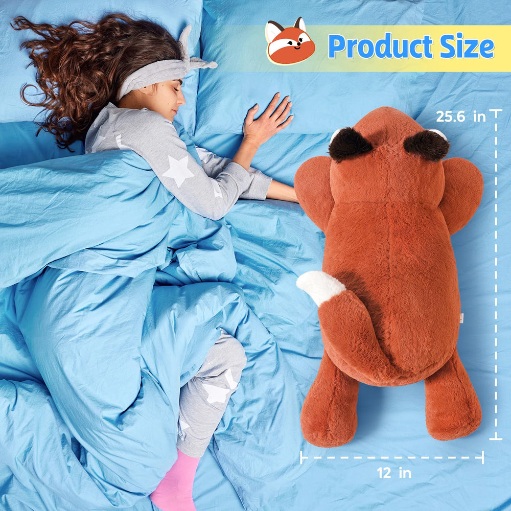 PEACH CAT fox weighted stuffed animal reading, supports relaxed posture during reading time.