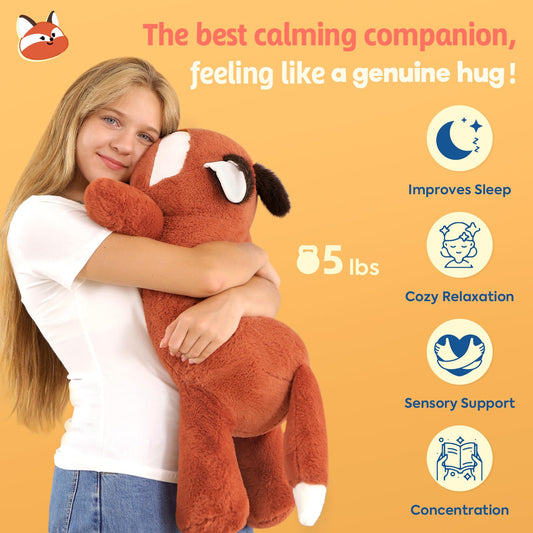 PEACH CAT fox weighted stuffed animal side view, ideal for a living space or desk.