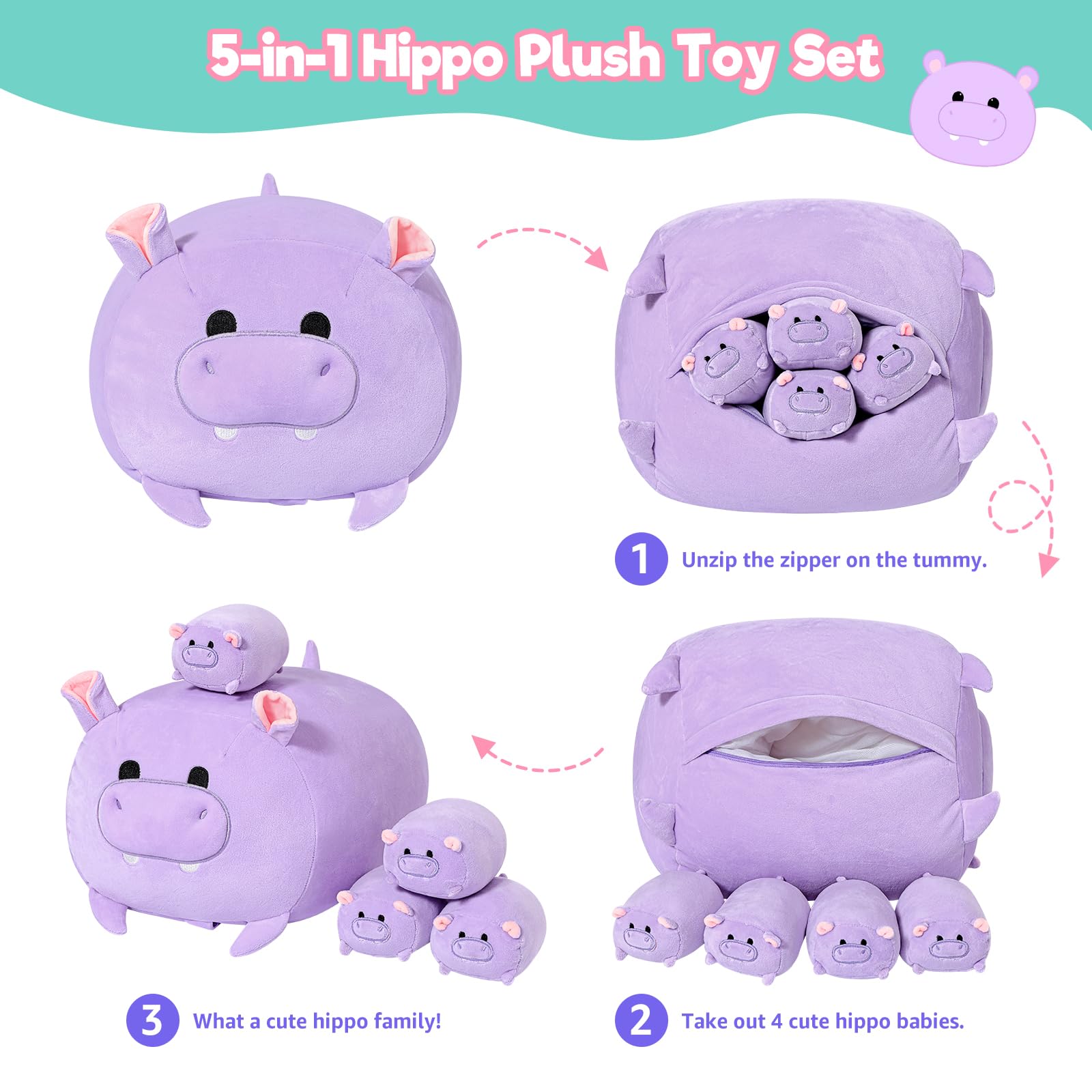PEACH CAT hippo inside belly design highlights playful family hug