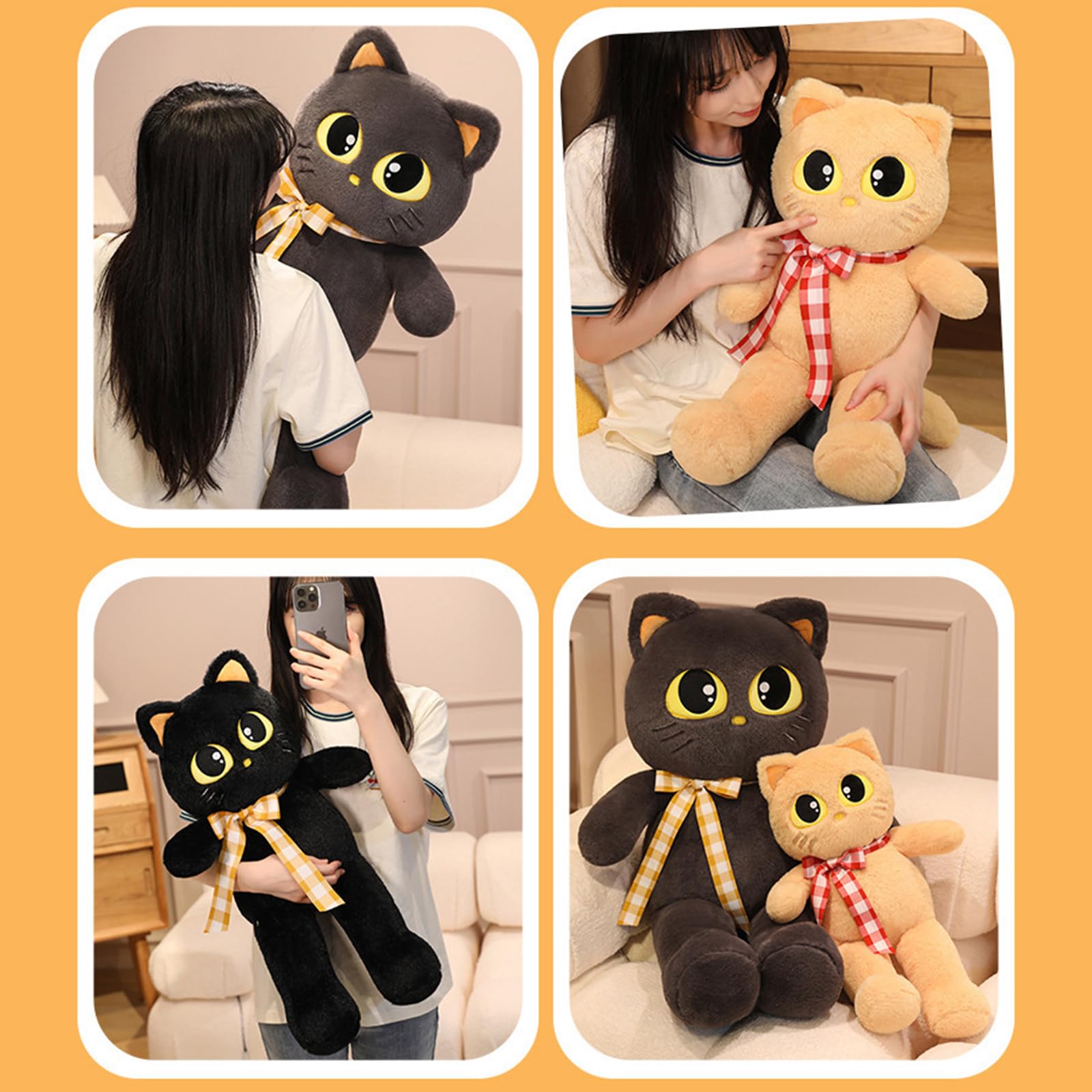 Peach Cat large grey plush in a cozy bedroom setting, inviting relaxation