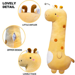 Unpacked PEACH CAT giraffe plush showing vacuum packaging and setup