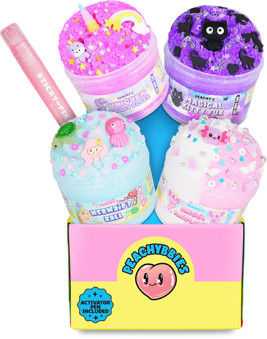 Peachybbies 4-pack Fantasy Bundle box showcases four colorful slime jars for creative play.