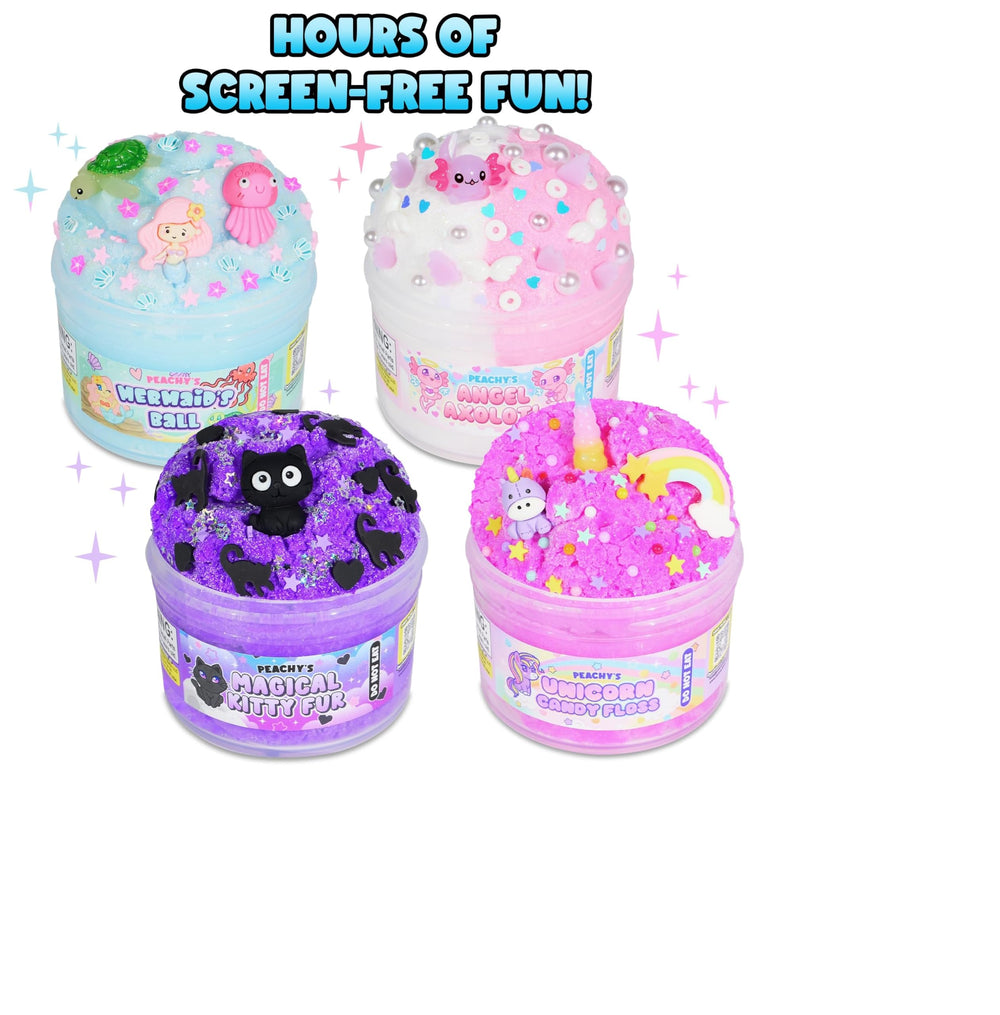 Peachybbies Slime packaging and display emphasizes at-home sensory fun.