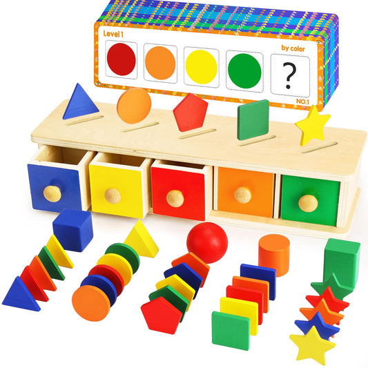 Peacurh Montessori wooden color-shape sorter box enhances early color recognition.