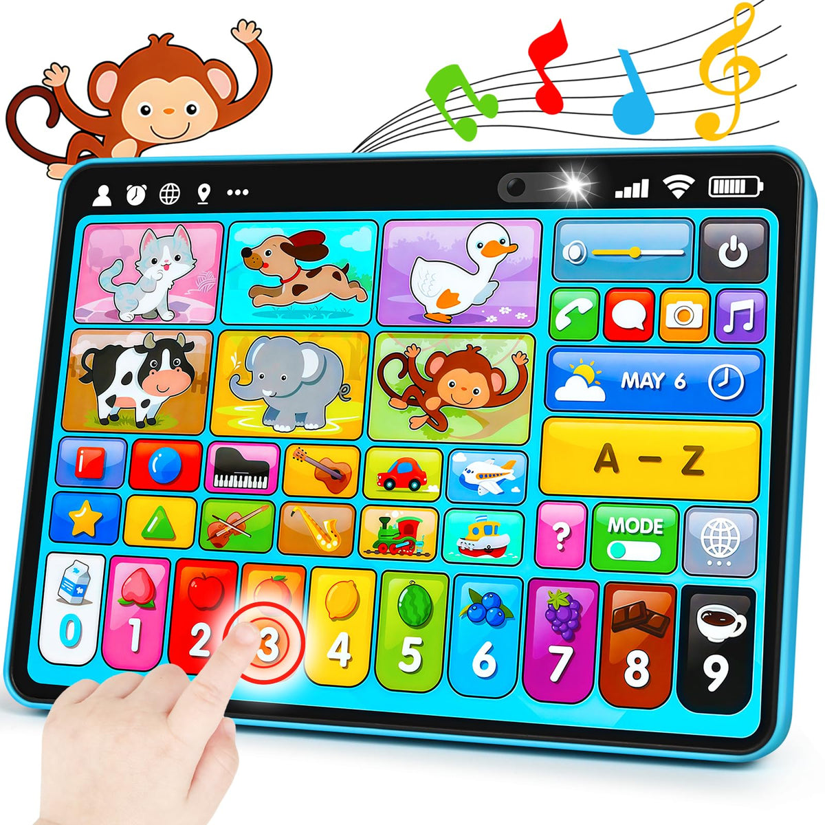 Peacurh tablet front view with colorful icons for early language exploration