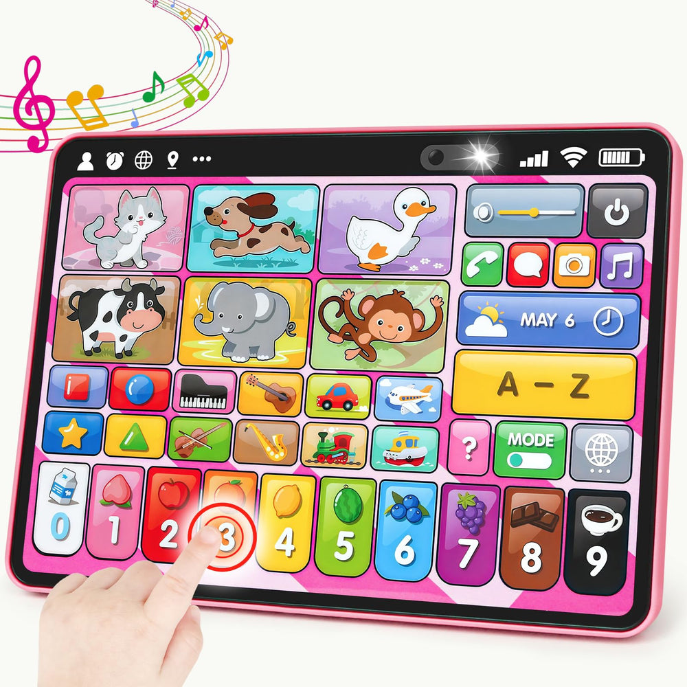 Peacurh trilingual tablet shows alphabet icon for early literacy.