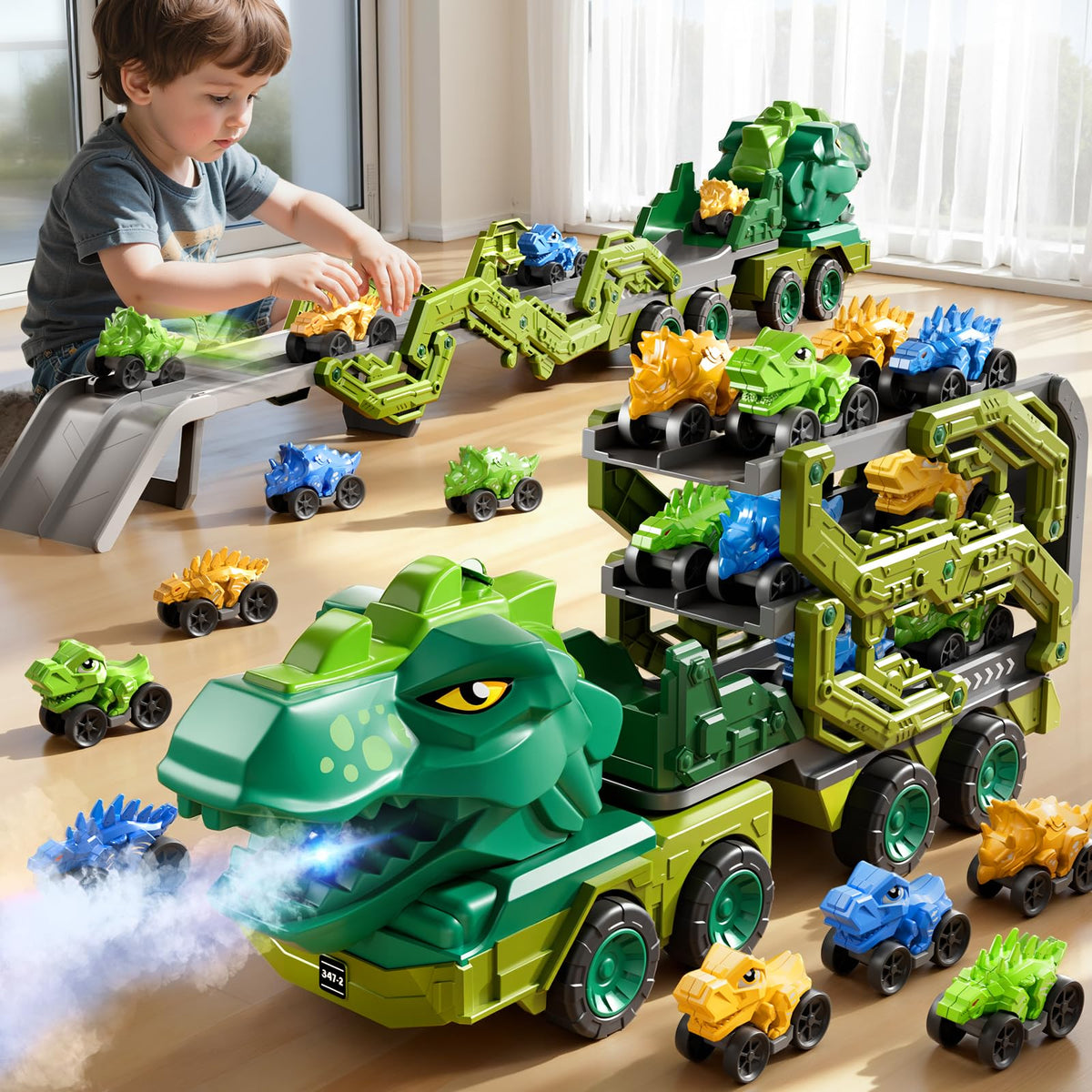 PEADUCK dinosaur carrier truck front view for imaginative play and easy storage