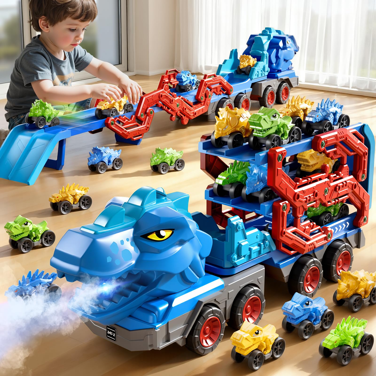 PEADUCK dinosaur-car-truck toy on a foldable track for immersive play and storage