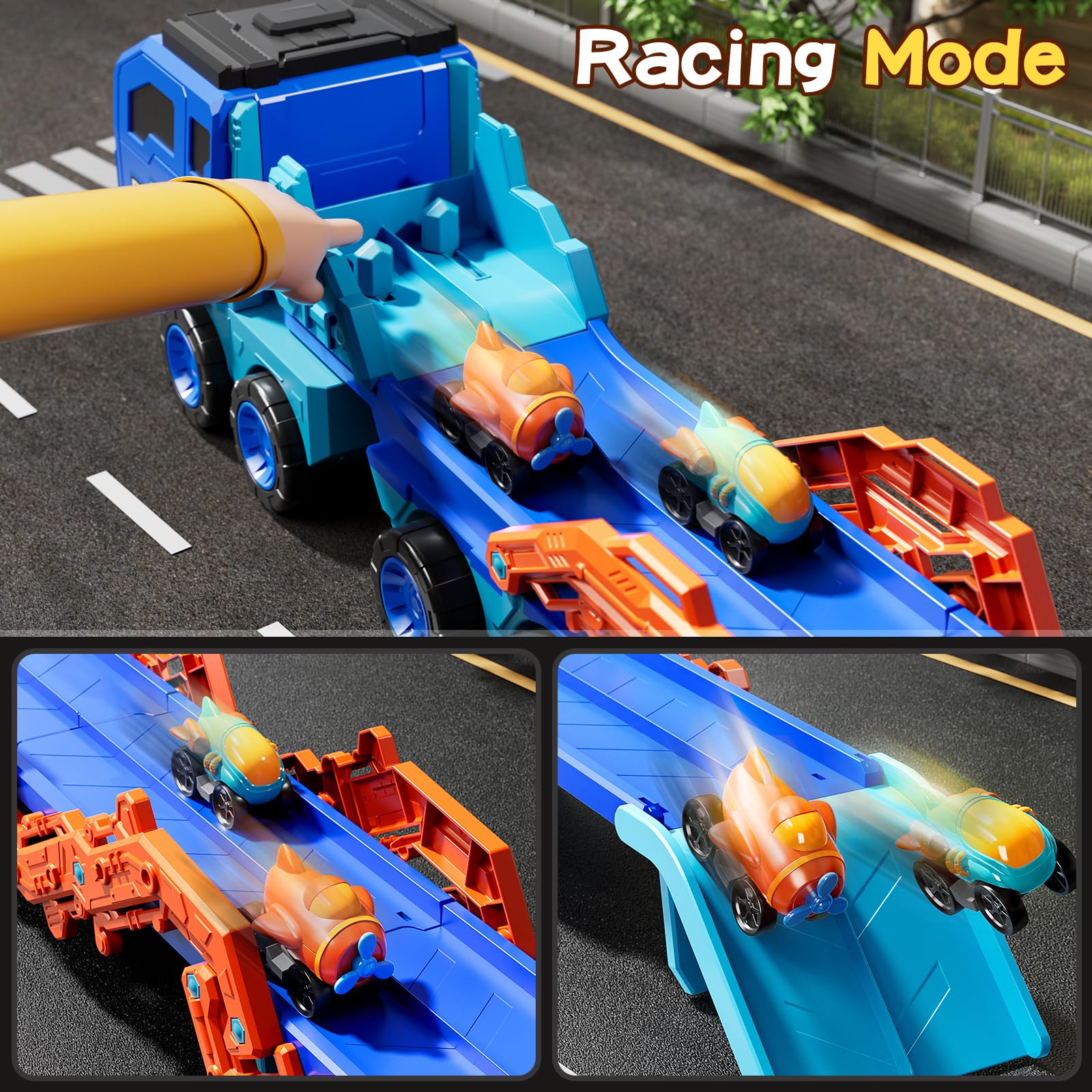 PEADUCK truck toy storage space neatly holds nine mini race cars.