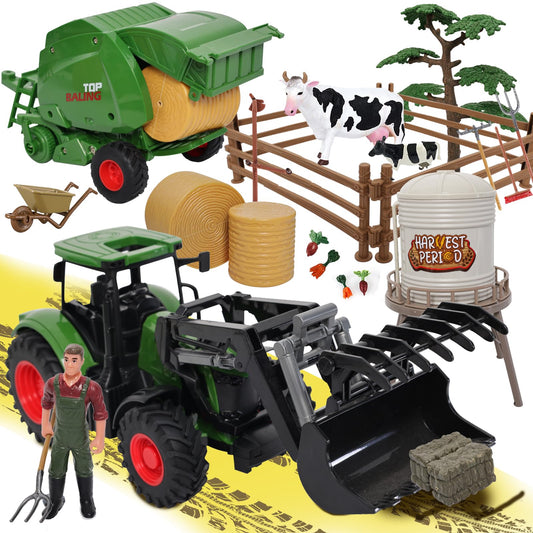 Peagprav farm tractor toy bale haying set with round baler for imaginative play
