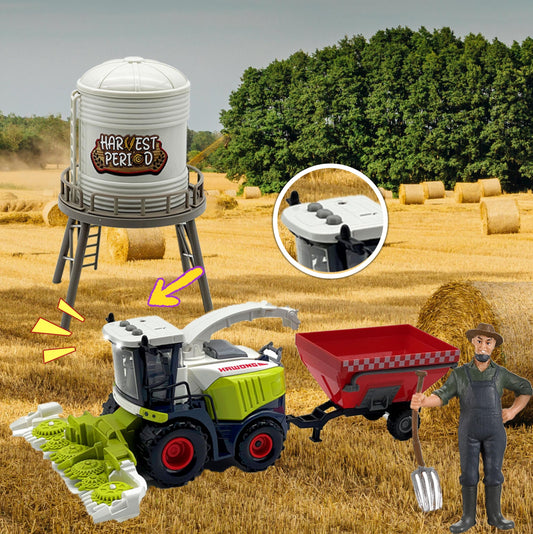 Peagprav tractor with harvester and trailer supports realistic farm scenes