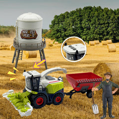 Peagprav tractor with harvester and trailer supports realistic farm scenes