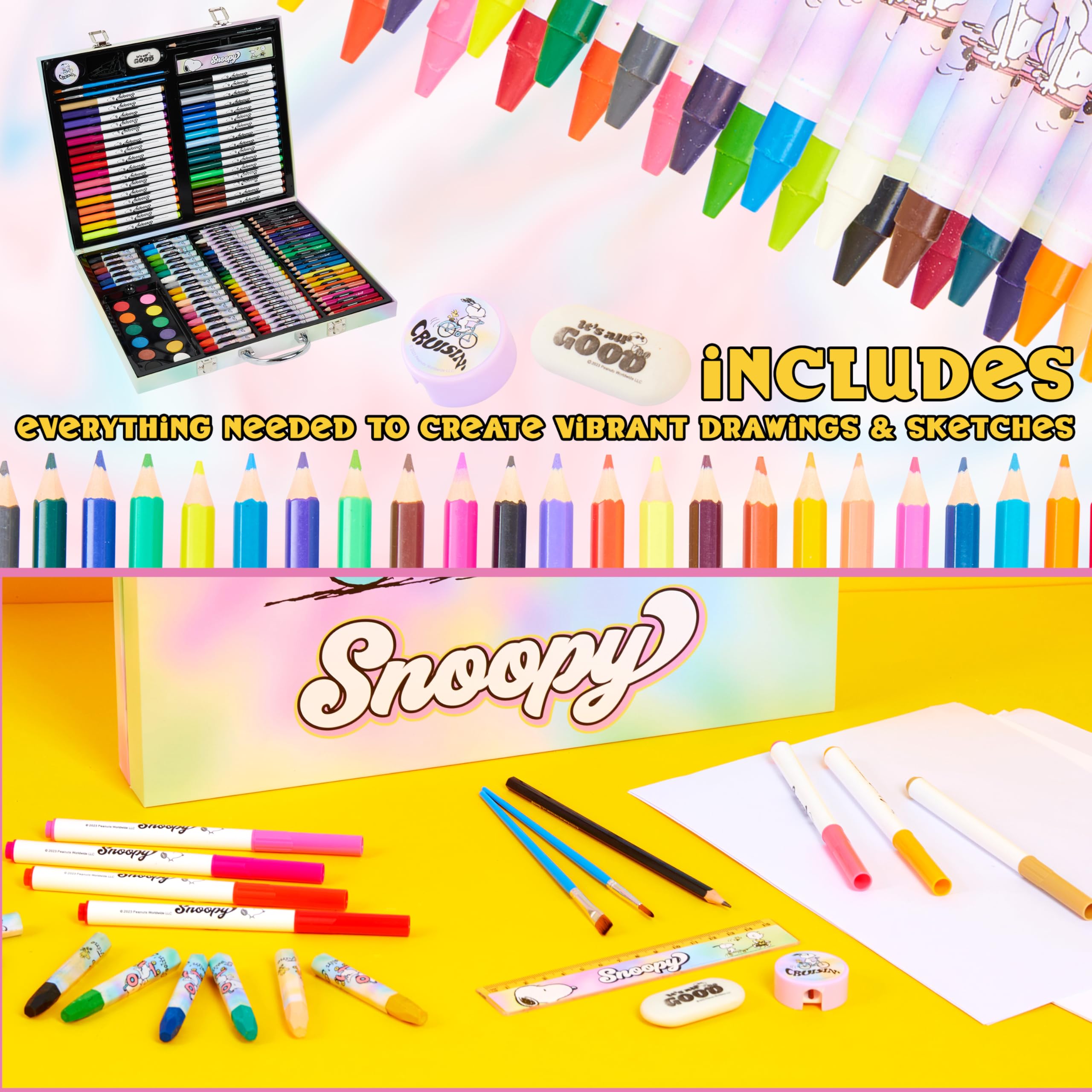 Peanuts Snoopy Inspiration Art Case closeup of precision tools for budding artists.